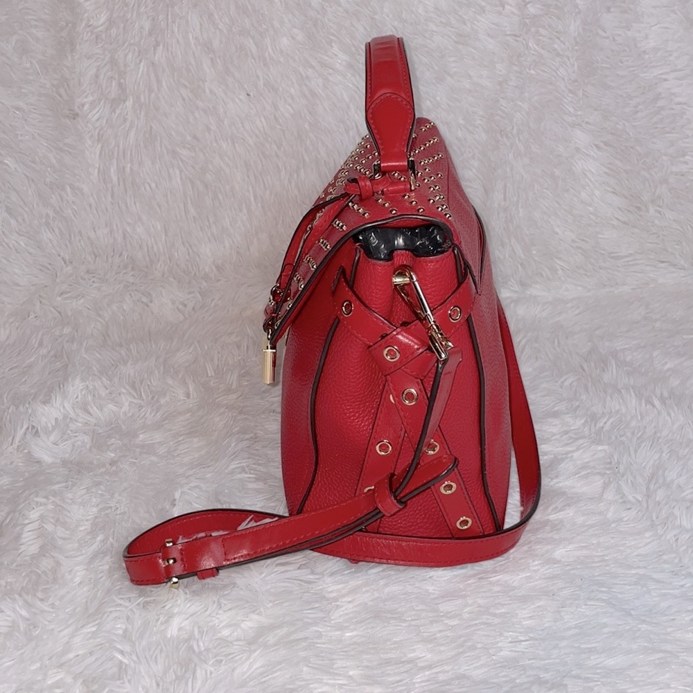 Michael Kors MK Bristol Studded Leather Satchel Crossbody Purse Shoulder Bag Red - Picture 7 of 17